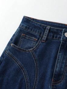 GlowEve 女士带口袋纽扣褶裥休闲百搭约会外出牛仔迷你裙 - 中等水洗藍 - 查看 6