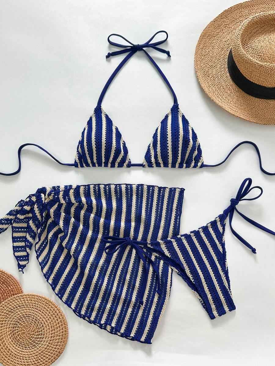 Swim Vcay Women's 3 PiecesTextured Fabric Bikini Set, Vacation Casual - Multicolor - View 1