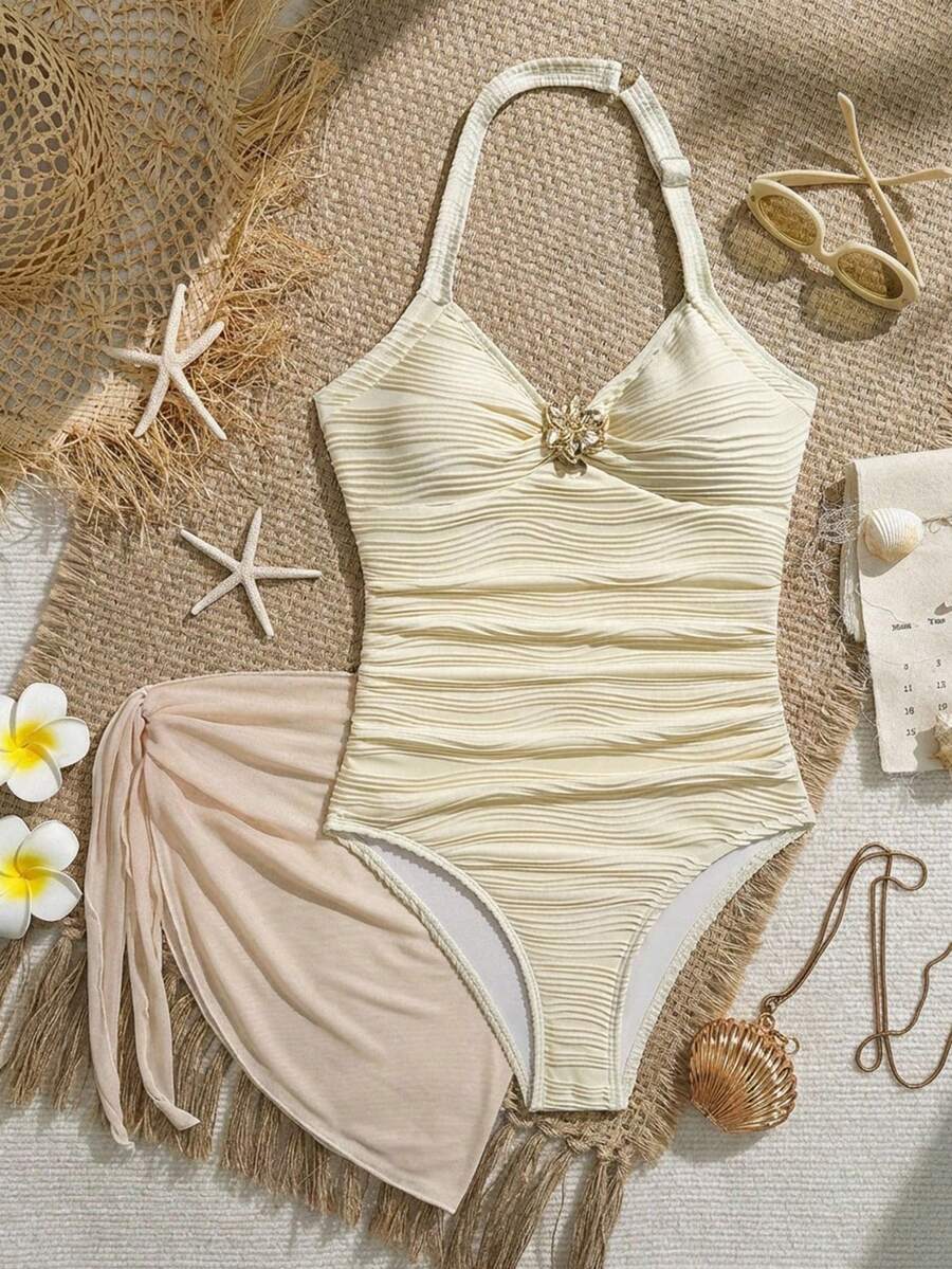 少女露背连体泳衣，带收腹裙，两件套泳装，适合学生海滩度假，温柔 - 白色 - 查看 1