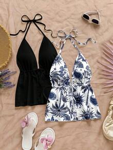 Soleia 2pcs Women's Casual Minimalist Blue Sun God & Palm Tree Print Halter Neck Backless Tie-Up Camisole Set, Suitable For Summer Vacation Spring - Multicolor - View 6