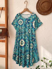 Rusticease Plus Size Women Teal Floral Print Round Neck Short Sleeve Loose Casual Dress,Boho Summer Vacation Holiday Outfits,Spring Country Style Flower Dress - Multicolor - View 3