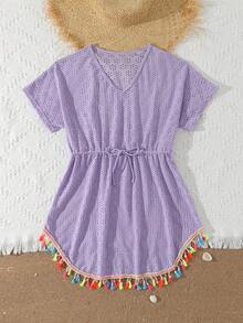 少女V领短袖刺绣烂花图案夏季透明沙滩罩衫，带流苏装饰 - 紫色 - 查看 3