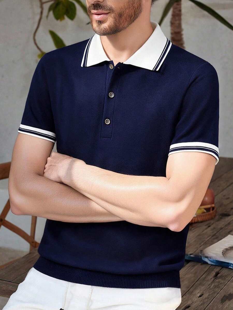 Calvornis 男士休闲日常条纹边饰短袖针织衫 - 藏蓝色 - 查看 1