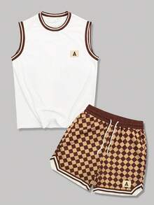 ROMWE MEN Street Life 青少年男童撞色滚边圆领背心搭配菱形印花抽绳短裤休闲套装 - 彩色 - 查看 1