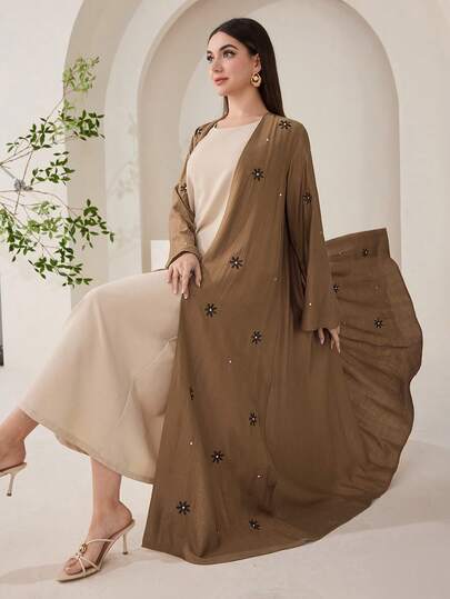 Veilorie New Embroidered & Rhinestone Decor Loose Casual Vacation Cardigan Kimono