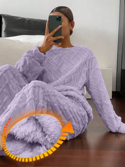 DAZY 2pcs Women's Thick Plush Textured Loose Long Sleeve Top And Pants Pajama Set, Winter