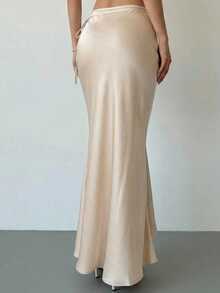 Firerie Women's Satin Pleated Low Waist Wrap Maxi Skirt, Satin Midi Skirt, Bodycon Fishtail Hem Skirt, Elegant Office & Casual Wear Skirt, Spring/Autumn/Winter - Apricot - View 2