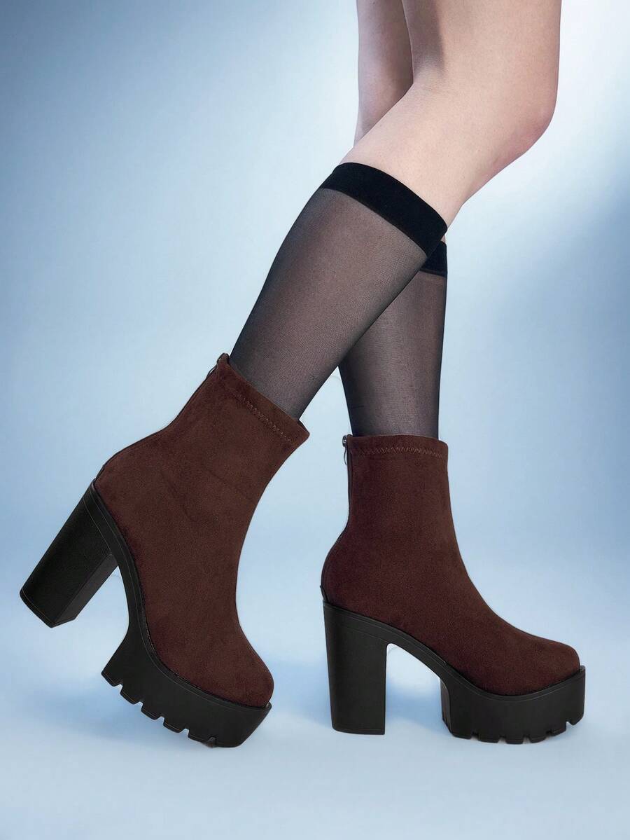 Sugerpunk Giày bốt cổ ngắn nữ thời trang, đa năng, chống thấm nước, đế cao, gót dày, thích hợp đi làm. - màu nâu - Xem 1