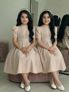 Tween Girl Elegant Fitted Small Stand Collar Waist-Cinching Long Sleeve Color-Block Design Pearl Decor Dress Tween Girl - Apricot - View 1