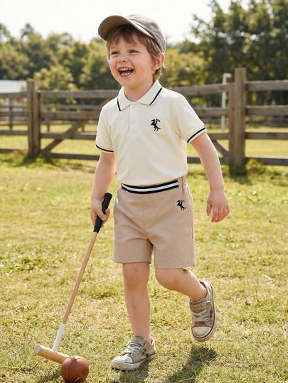 Souflis Souflis 2pcs/Set Young BoyFrench Style Casual Outfit, Includes Horse Embroidery Polo Shirt And Khaki Shorts, Suitable For Daily Wear And Outings Preppy Summer Clothes For Kids