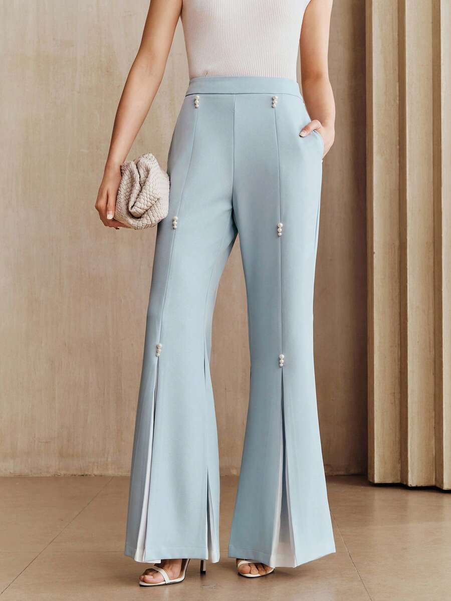 Anewsta 优雅独特的泡泡装饰女士喇叭裤 - 藍色 - 查看 1