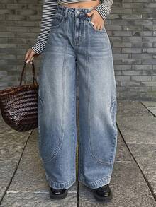 DAZY 女士开衩筒形休闲牛仔裤，都市街头风 - 中等水洗藍 - 查看 2