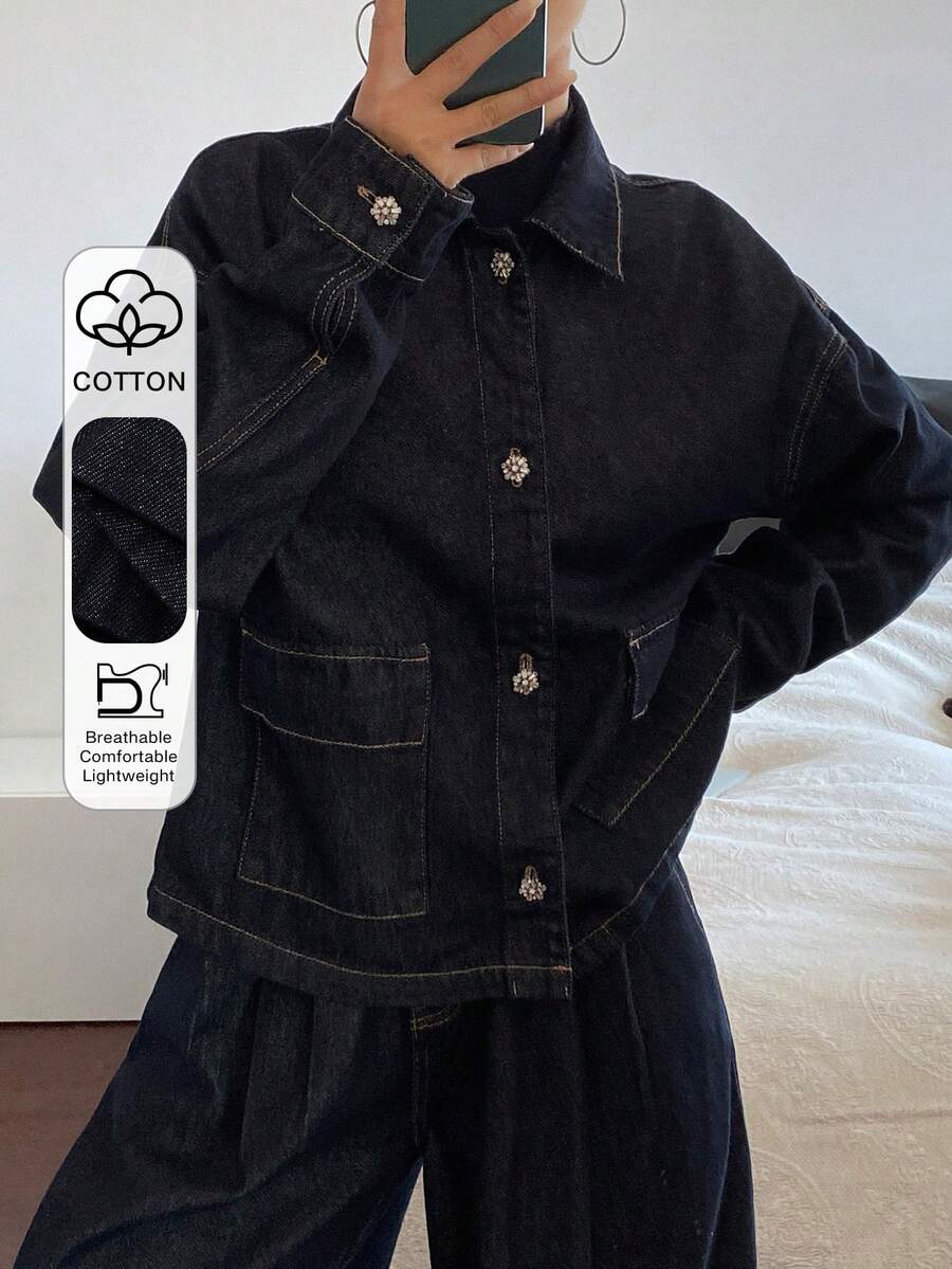 Livesso Women's Casual Denim Jacket And Pants Set, Autumn/Winter - Dark Wash - View 1