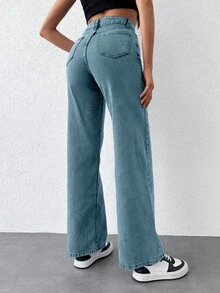 100%Cotton Solid Slant Pocket Casual Straight Leg Jeans - Baby Blue - View 2