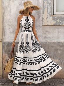 Brillora Women's Summer Boho Vacation Holiday Dress,White And Black Print Layered Hem Elegant Wedding Guest Floral Dresses,Casual Beach Luxury Evening Outfit - Black and White - View 5