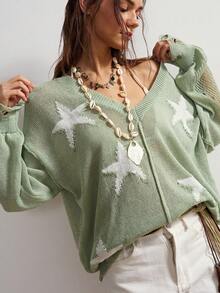 Bohemela Minimalist Fashionable Loose Jacquard Star Knit Cover Up - Mint Green - View 6