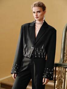 Revavyn Revavyn Women's Loose Fit Dropped Shoulder Elegant Rhinestone Padded Shoulder Design Short Blazer Jacket For Dates - Black - View 4
