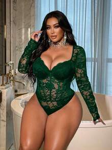 NU&NOW 大码女士蕾丝连体衣，优雅修身长袖连体衣，四季皆宜 - 墨綠色 - 查看 3