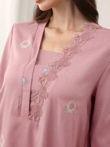 Yasmyna Embroidered Loose Elegant Flared Hem Long Sleeve Dress For Women - Pink - View 2