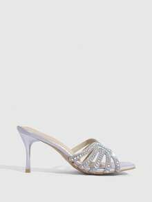 CUCCOO SZL Women's Fashion Square Toe Voltage Upper Rhinestone Decorative Stiletto Party Sandals Prom Heels Summer Shoes - Light Grey - View 2