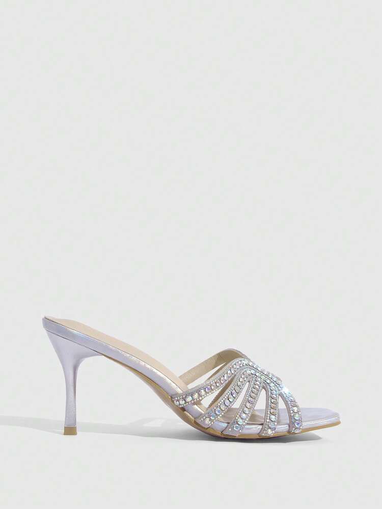 CUCCOO SZL Women's Fashion Square Toe Voltage Upper Rhinestone Decorative Stiletto Party Sandals Prom Heels