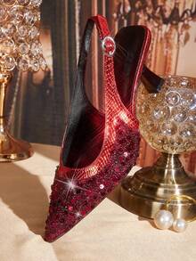 CUCCOO TILAWA 女士尖头高跟鞋，闪亮装饰，可调节绑带设计，四季皆宜 - 优雅舒适的中东风情街头服饰，适合情人节、办公和休闲场合。 - 酒紅色 - 查看 6