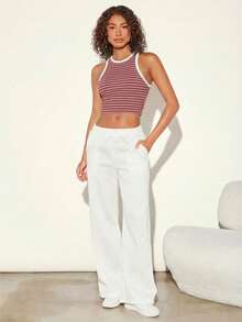 SHEIN BASICS 女士休闲条纹印花修身圆领露脐背心，适合夏季度假和日常通勤。 - 藕粉色 - 查看 4