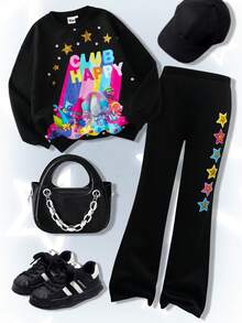 SHEIN Trolls 2pcs/Set Tween Girl Casual Cartoon Graphic Crew Neck Long Sleeve Sweatshirt And Flared Pants Outfit - Black - View 1