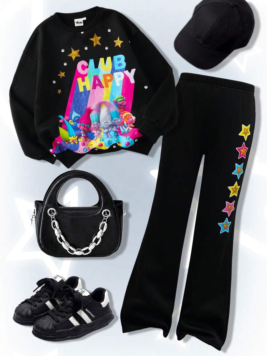 SHEIN Trolls 2pcs/Set Tween Girl Casual Cartoon Graphic Crew Neck Long Sleeve Sweatshirt And Flared Pants Outfit - Black - View 1