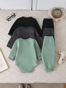 SHEIN Vintaside Kids 男婴纯色圆领长袖连体衣三件套，黑色、白色和灰色可选，时尚简约，图案设计优雅，宽松版型适合各种体型。三件套包含一件连体衣上衣和三条无腰带长裤，适合多种场合：户外玩耍轻松自在；居家休闲舒适；运动灵活；秋冬季穿着皆宜。 - 彩色 - 查看 2