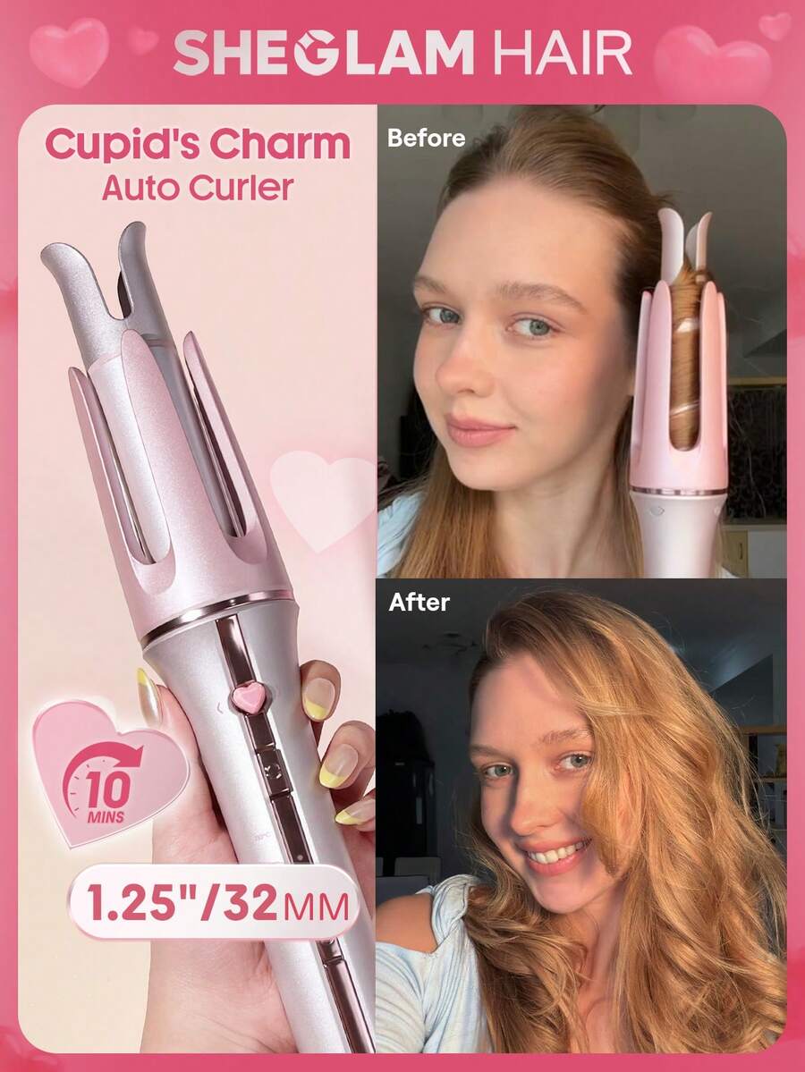 SHEGLAM HAIR Cupid's Charm One-Touch Instant Curler,Pink Automatic Curling Iron 32mm EU Plug,10min Quick Waves,60s Fast Preheat,3 Adjustable Temps,Heart-Shaped Switch,8s Smart Timer,Quick Auto Curl Magic Enhance Shine & Protection Suitable For Medium To Long Hair - Baby Pink - View 1