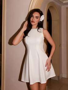 Bris Aura Women's Solid Color Date Night A-Line Sleeveless Waist Fitted Elegant Dress, Autumn,Summer Dresses For Women,Tea Party Dress,White Graduation Dress - White - View 1