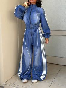 StreetHx Women's Minimalist Daily Wear Long Sleeve Denim Bib Pants And Jumpsuit - Blue - View 4