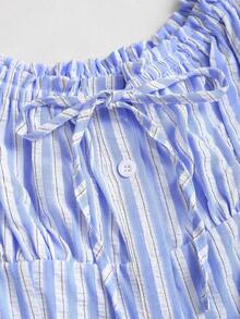 SHEIN Sweetro Women's Striped Tie-Waist Ruffle Hem Short Sleeve Blouse, Summer - Blue - View 5