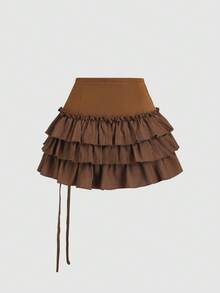 Sweetra Chân váy ngắn màu trơn cho nữ, có trang trí vòng tròn và dây buộc, thích hợp cho mùa xuân/hè. - màu nâu - Xem 2