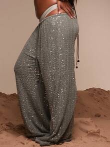 MUSERA 大码亮片钩编系带阔腿裤 春夏复活节海滩度假优雅旅行泳装沙滩装 Terra Sol - 綠色 - 查看 3