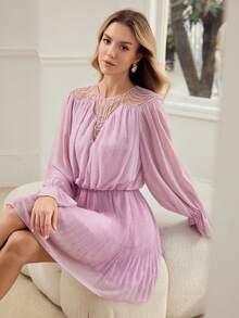 MOTF PREMIUM WOMEN'S PLEATED RUFFLE HEM MESH PATCHWORK MINI DRESS - Violet Purple - View 1