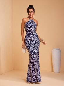 JIAN LASALA 全身印花露背系带露背鱼尾裙摆女士长裙，优雅婚礼派对款式 - 紫色 - 查看 4