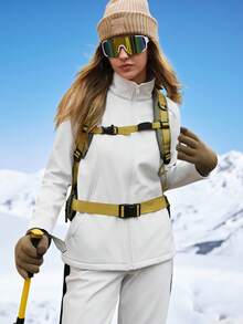 In My Nature Jaqueta Casual Versátil Corta-Vento Feminina de Cor Sólida, Gola Alta, Bolso e Zíper na Frente - Branco - Visão 1