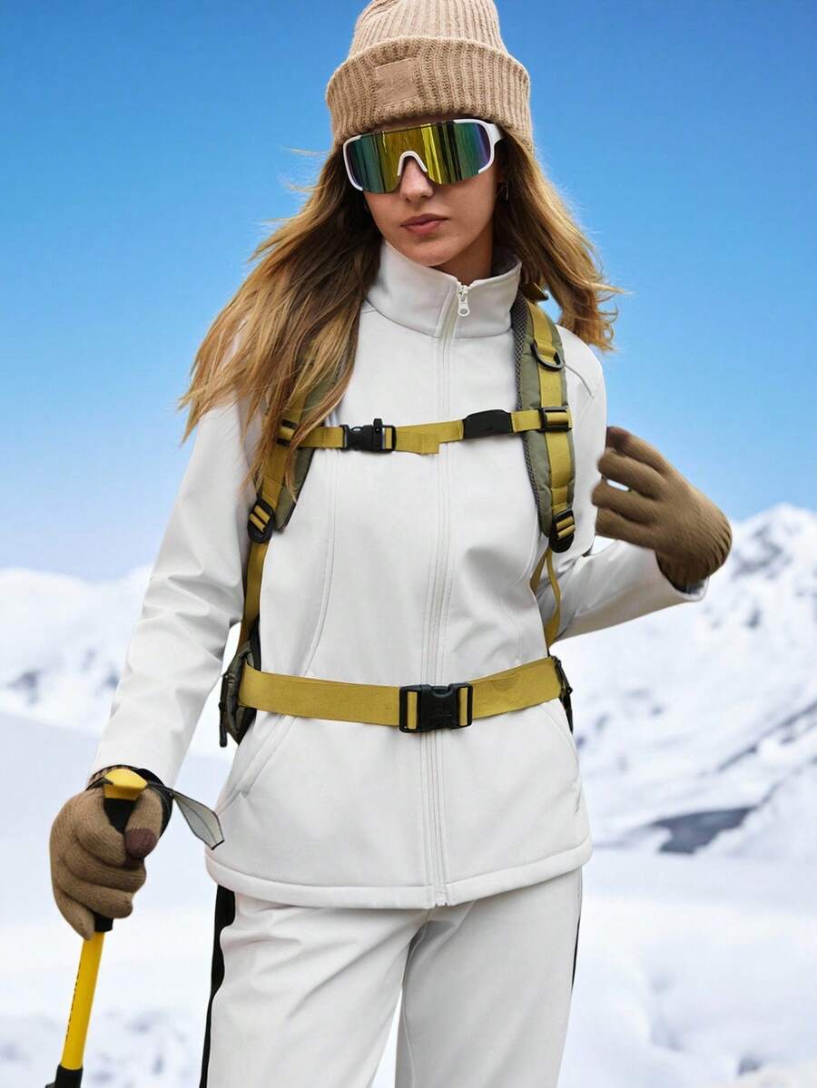In My Nature Jaqueta Casual Versátil Corta-Vento Feminina de Cor Sólida, Gola Alta, Bolso e Zíper na Frente - Branco - Visão 1