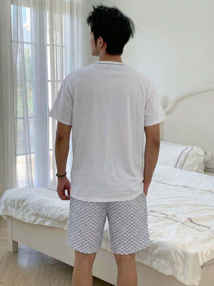Men's Multi-Color T-Shirt And Floral Print Shorts Pajama Set, Summer
