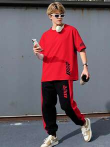 SHEIN 2件套青少年男童休闲日常舒适印花圆领宽松短袖T恤和直筒印花撞色针织裤套装 - 紅色 - 查看 7