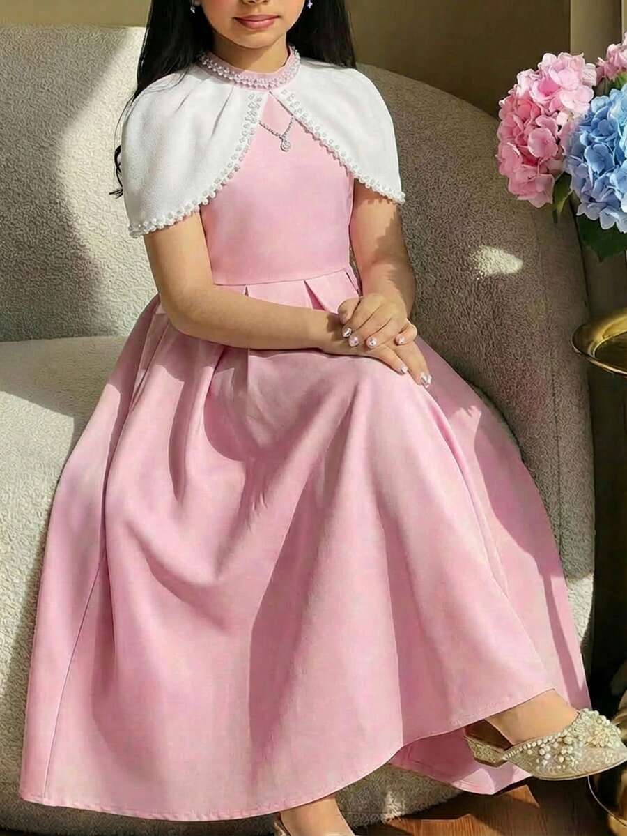 Vestido elegante para niña preadolescente con decoración de perlas, cuello alto pequeño y diseño de bloques de color patchwork - Rosa Pálido - Ver 1