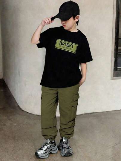 Mirajuku 2pcs/Set Boys' Comfortable Loose Fit T-Shirt And Straight Leg Pants Outfit, Suitable For Casual, Sports, And Daily Wear Clothes Boys 10 12