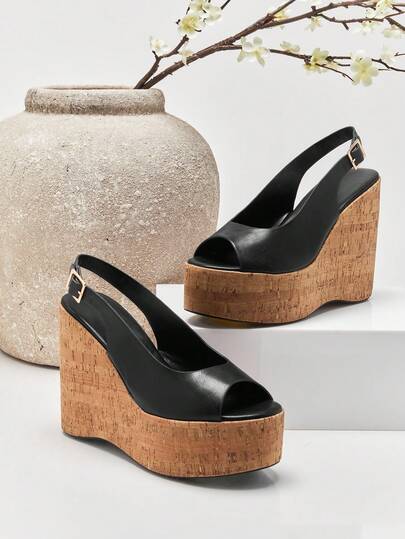 SHUZIA Glamorous Ladies' Black/Cork Wedge Round Toe Comfortable Slip-On Cute Spring Summer Holiday Vacation Shoe