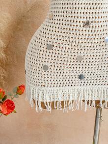 Soleia Women's Solid Color Sequin Design Hollow Out Halter Knit Dress, Vacation - White - View 5