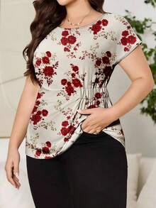 Reflora Plus Size Women's Floral Print Casual Batwing Sleeve Shirred Waist Blouse, Summer Spring - White - View 3