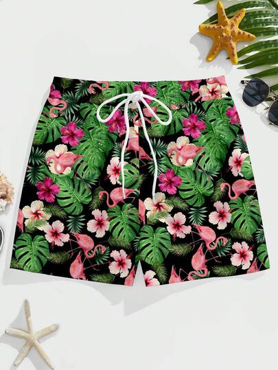Manfinity RSRT Men's Beach Shorts, Tropical Flamingo Print Vacation Style Beach Shorts, Mesh Lining Black Hawaiian Swim Shorts Flower Swim Trunks