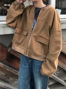 FRIFUL Women's Solid Color Drop Shoulder Long Sleeve Zip-Up Short Denim Jacket, Fashionable & Versatile Loose Fit - Khaki - View 5