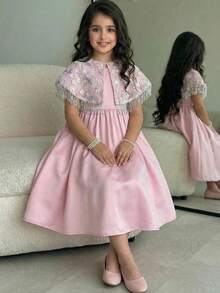 SHEIN Tween Girl Elegant Floral Beaded Fringe Poncho & Dress Set - Khaki - View 2